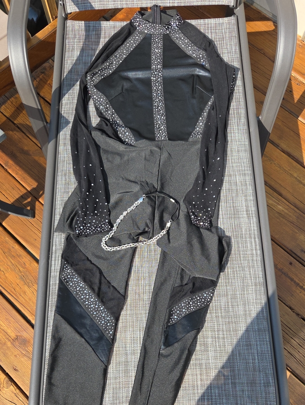 Black Embellished Long-Sleeve Rhinestone Jumpsuit-prefect for Dance.